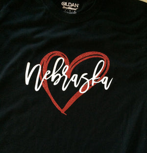 Nebraska with glitter heart gildan