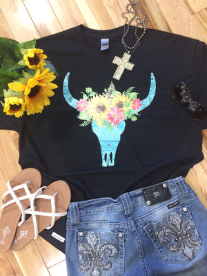 Skull with sunflowers teal
